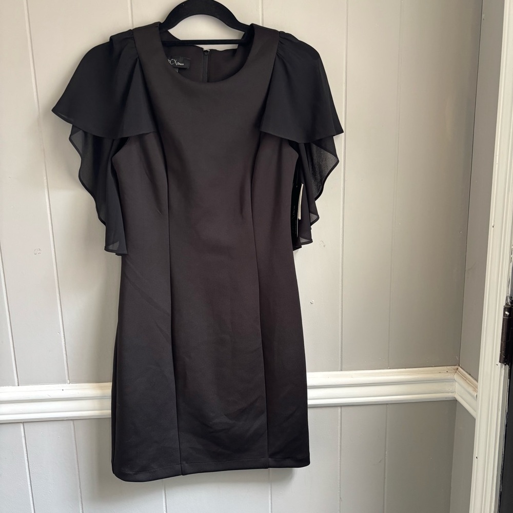 BCX Black Ruffled Sheath Dress Short Flutter Sleeves. NWT size 1